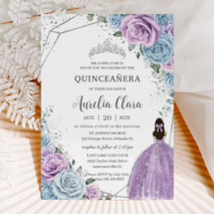 Invitation Quinceañera Bleu pourpre Lilac Floral Argent