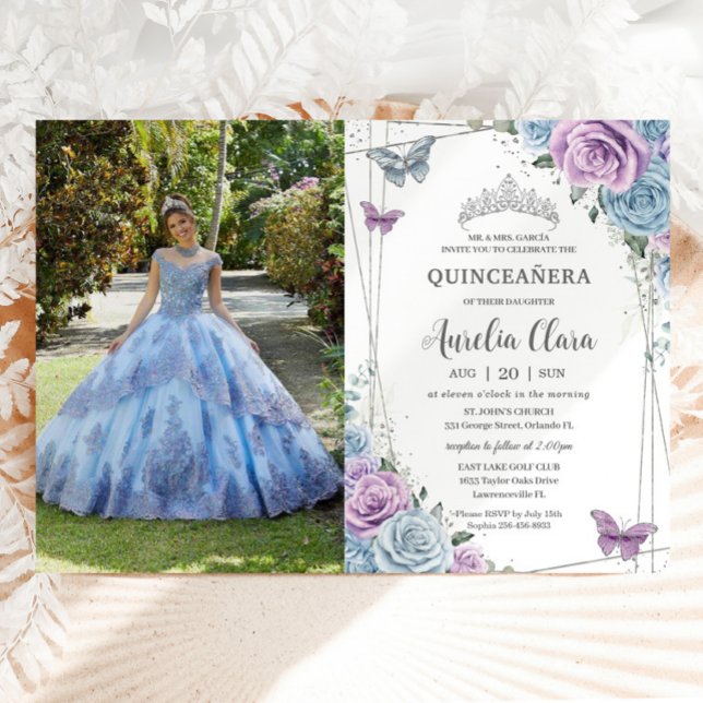 Invitation Quinceanera Bleu pourpre Lilac Floral Argent (Créateur téléchargé)