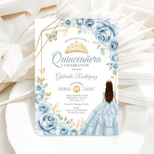 Invitation Quinceanera Bleu Robe Bleu Bleu Or Floral