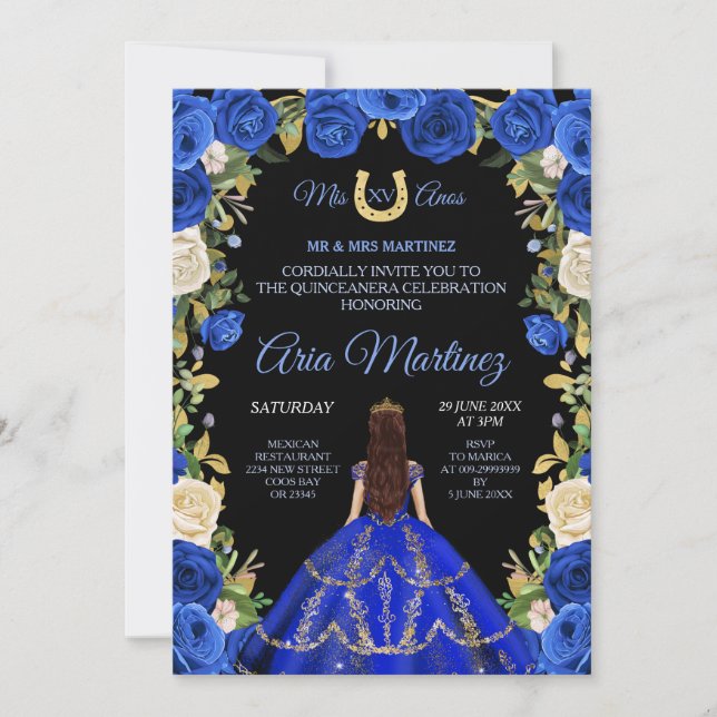Invitation Quinceañera Bleu Rose Floral Noir Fond Arrière-Pla (Devant)