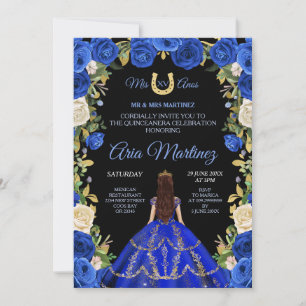 Invitation Quinceañera Bleu Rose Floral Noir Fond Arrière-Pla