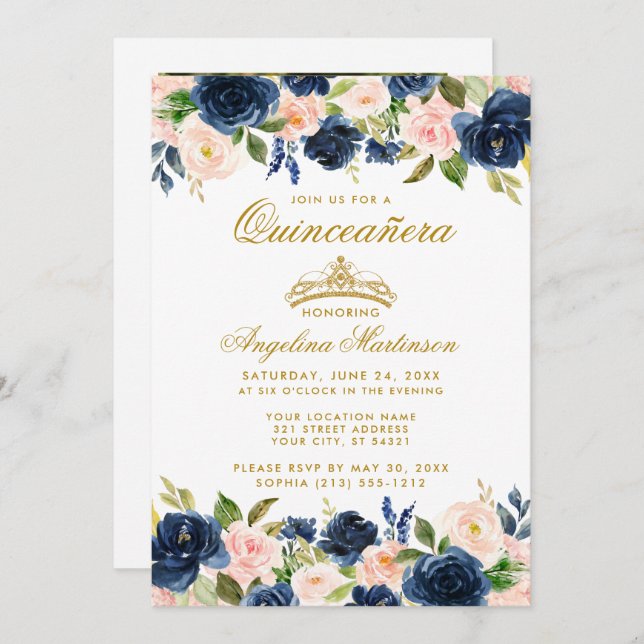 Invitation Quinceanera Bleu rose Floral Or photo Couronne (Devant / Derrière)