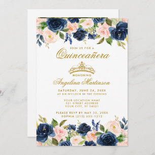 Invitation Quinceanera Bleu rose Floral Or photo Couronne