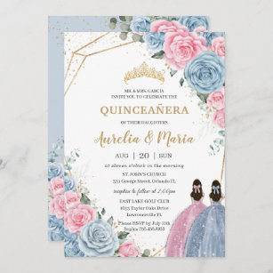 Invitation Quinceañera Bleu rose Floral Rose jumeaux
