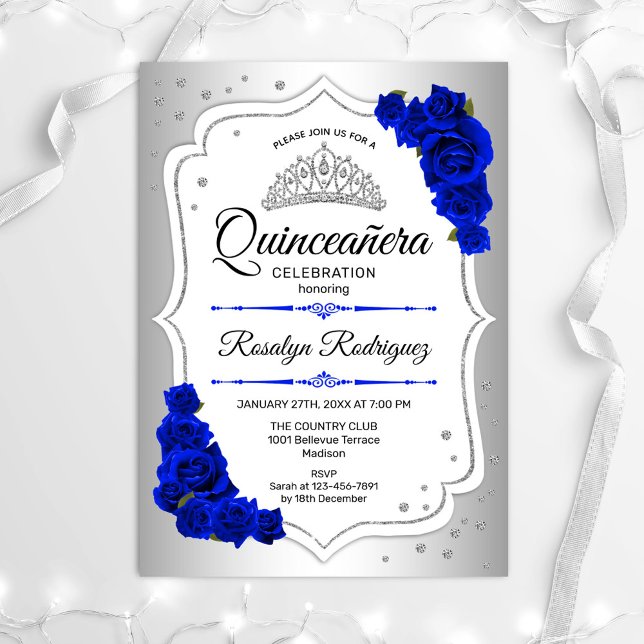 Invitation Quinceanera - Bleu royal blanc argenté (Créateur téléchargé)
