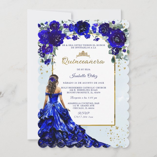 Invitation Quinceañera Bleu Royal et Or (Devant)