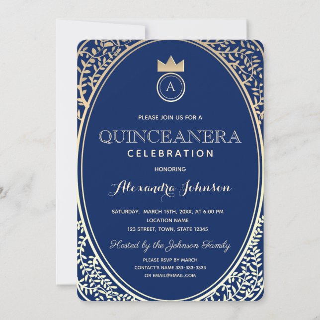 Invitation Quinceanera Bleu Royal et Princesse Monogramme Or (Devant)