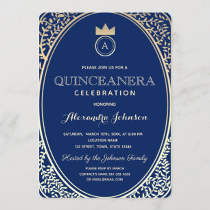 Invitation Quinceanera Bleu Royal et Princesse Monogramme Or