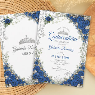 Invitation Quinceañera bleu royal papillons argentés