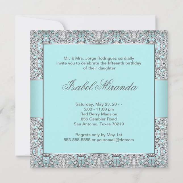 Invitation Quinceanera bleu sarcelle dentelle argentée (Devant)