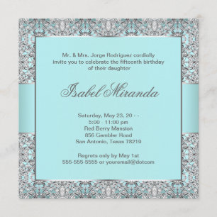 Invitation Quinceanera bleu sarcelle dentelle argentée