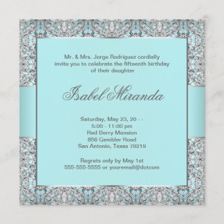 Invitation Quinceanera bleu sarcelle dentelle argentée