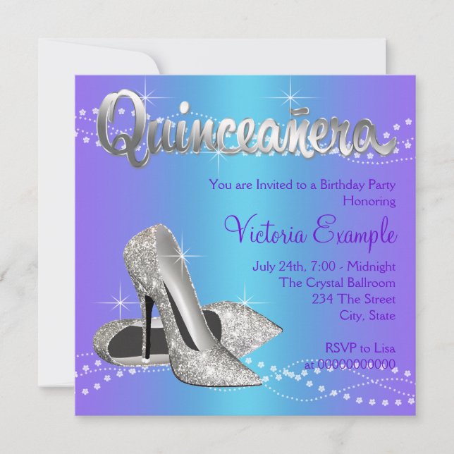 Invitation Quinceanera bleu sarcelle et violet (Devant)