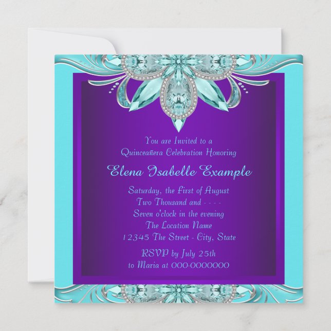 Invitation Quinceanera bleu sarcelle et violet (Dos)