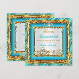 Invitation Quinceañera Bleu Sarcelle Or Diamant Carrosse Chev