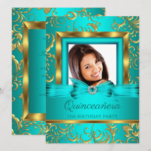 Invitation Quinceanera Bleu Sarcelle Or Fleur Photo