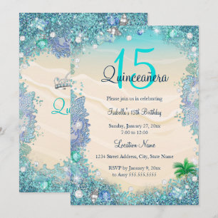Invitation Quinceanera Bleu Sarcelle Sable Océan Plage Annive