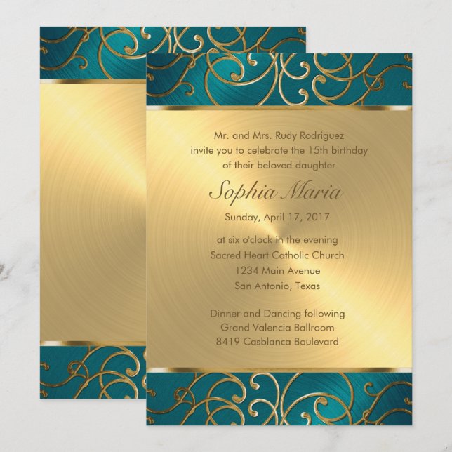 Invitation Quinceanera Bleu Sarcelle Vert et Filigrane Doré (Devant / Derrière)