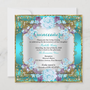 Invitation Quinceanera Bleu Sarcelle Vintage Floral Country O