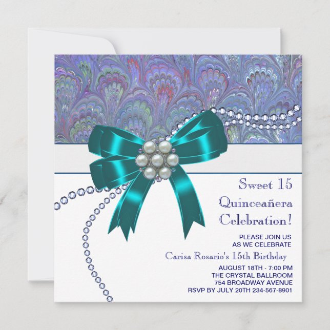 Invitation Quinceanera bleu sarcelle violet (Devant)