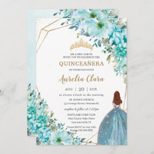 Invitation Quinceañera bleu turquoise Floral Auburn Princesse