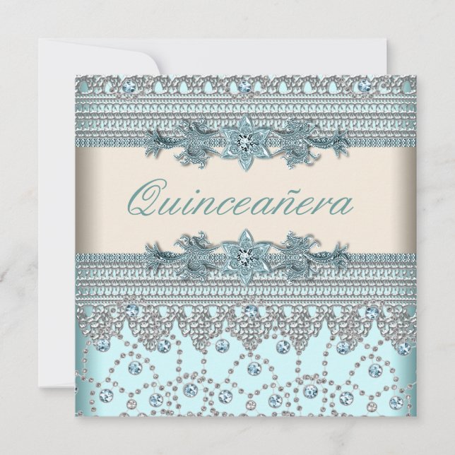 Invitation Quinceanera bleu Turquoise ivoire (Devant)