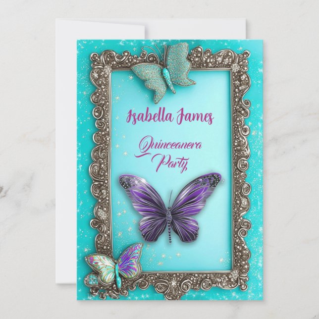 Invitation Quinceanera bleu turquoise papillons anniversaire (Devant)