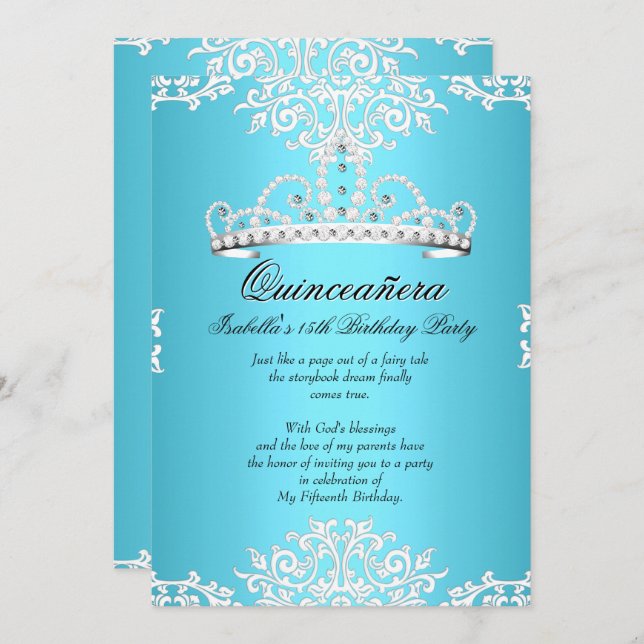 Invitation Quinceanera bleue 15ème anniversaire fête Tiara 3 (Devant / Derrière)