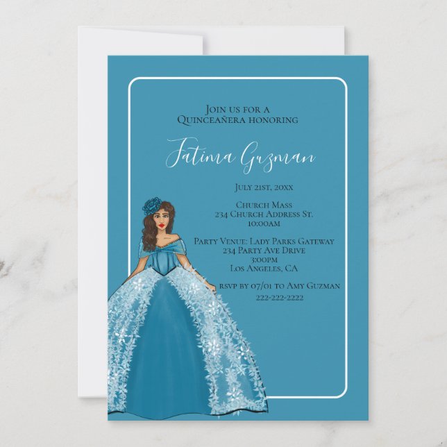 Invitation Quinceañera Bleue Avec Fleurs Quince (Devant)