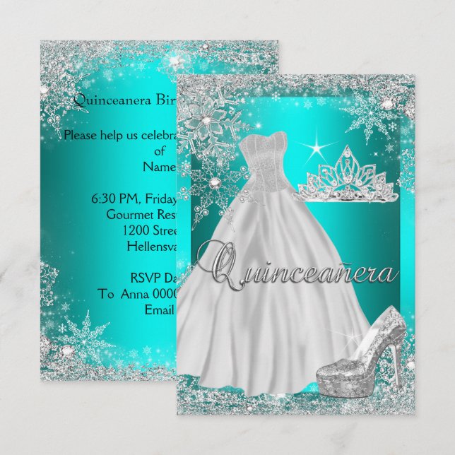 Invitation Quinceanera bleue turquoise 15e fête d'anniversair (Devant / Derrière)