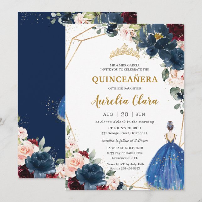 Invitation Quinceañera Blue Bourgogne Blush Floral Princess I (Devant / Derrière)