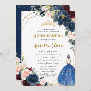 Invitation Quinceañera Blue Bourgogne Blush Floral Princess I