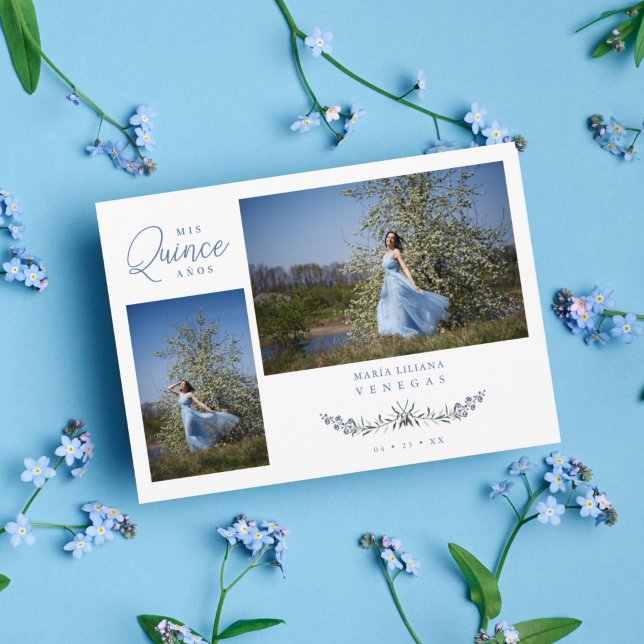 Invitation Quinceañera Blue Branches tendance Español 2 Photo (Créateur téléchargé)