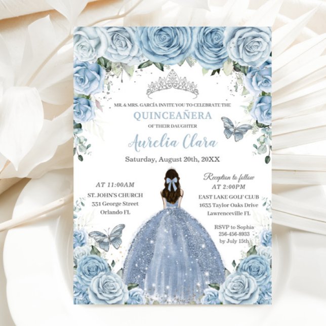 Invitation Quinceañera Blue Floral Butterflies Silver Tiara (Créateur téléchargé)