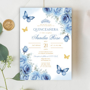 Invitation Quinceañera Blue Floral Gold Butterfly Tiara