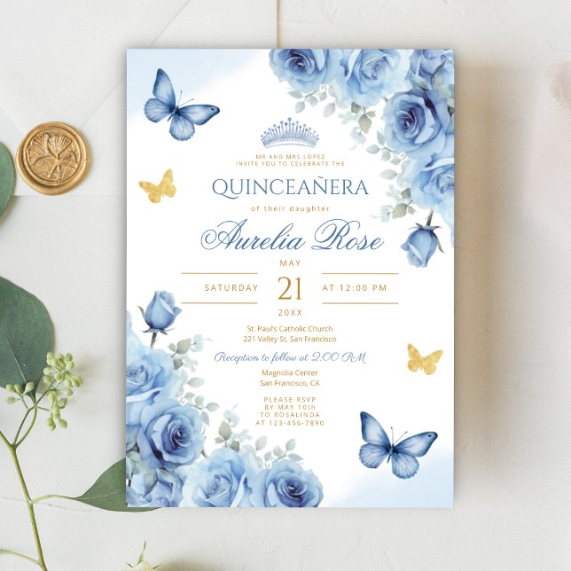 Invitation Quinceañera Blue Floral Gold Butterfly Tiara (Créateur téléchargé)