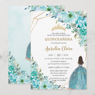 Invitation Quinceañera Blue Floral Gold Princesse Turquoise