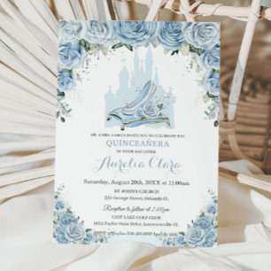 Invitation Quinceañera Blue Floral Princess Castle Chaussure