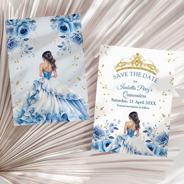 Invitation Quinceanera Blue Floral Princess Enregistrer la da (Quinceanera Blue Floral Princess Save the Date Invitation on a sunny neutral dry palm leaf.)