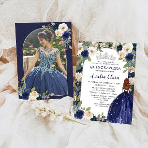 Invitation Quinceañera Blue Floral Princesse Photo Anniversai