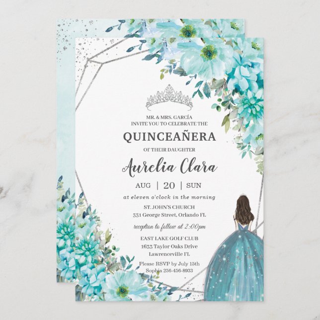 Invitation Quinceañera Blue Floral Silver Princess (Devant / Derrière)
