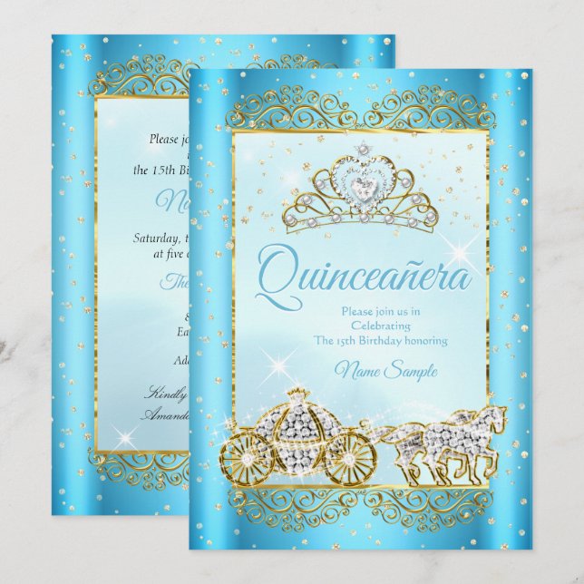 Invitation Quinceanera Blue Gold conte de fées Cendrillon (Devant / Derrière)