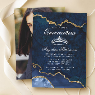 Invitation Quinceanera Blue Gold Marble Agate Géode Photo