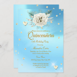 Invitation Quinceanera Blue Gold Parties scintillant Rose Flo