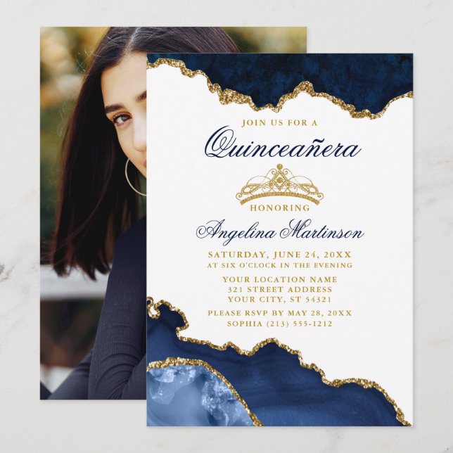 Invitation Quinceanera Blue Marble Gold Crown Photo (Devant / Derrière)