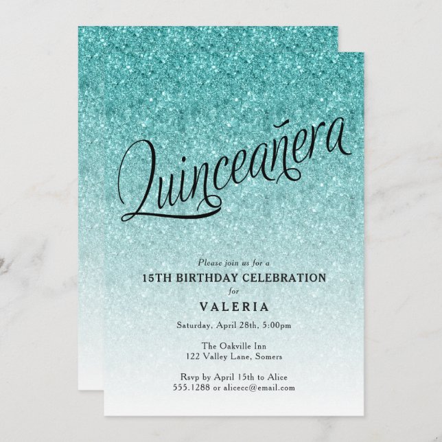 Invitation Quinceanera Blue Ombre Parties scintillant Anniver (Devant / Derrière)
