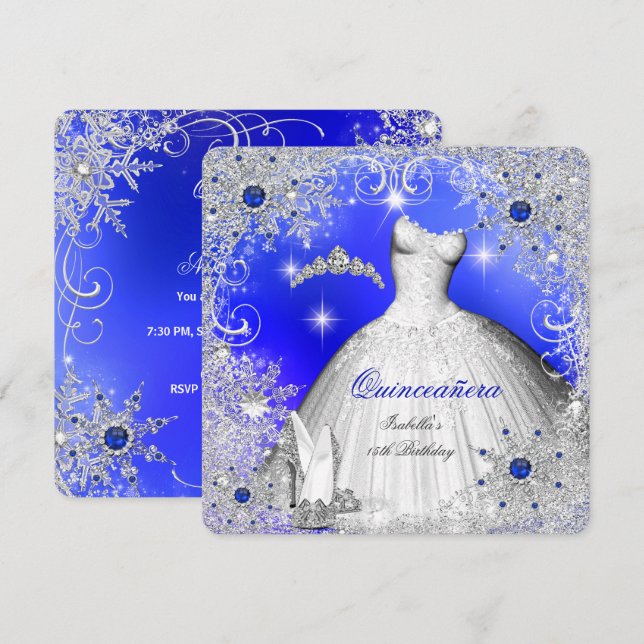 Invitation Quinceanera Blue Pearl Silver Winter Snowflakes (Devant / Derrière)