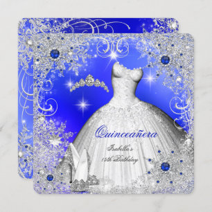 Invitation Quinceanera Blue Pearl Silver Winter Snowflakes