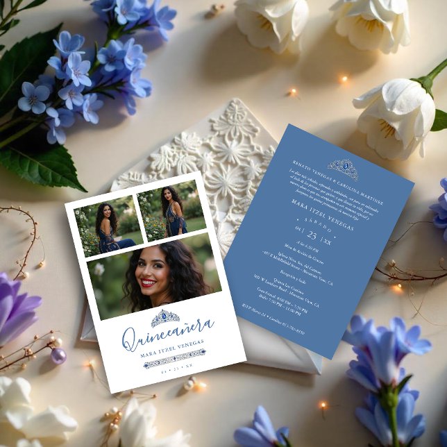 Invitation Quinceañera Blue Princess Tiara 3-Photos Spanish (Sophisticated Blue Princess Quinceañera Tiara 3-Photos Invitation Cards in Spanish.)
