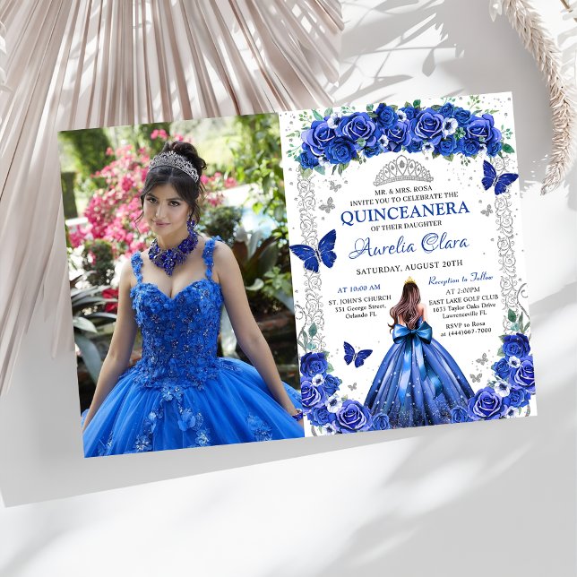 Invitation Quinceañera Blue Roses Floral Princesse Photo (Créateur téléchargé)